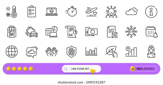 Medical tablet, Timer and Globe line icons for web app. Pack of Weather thermometer, Hospital nurse, Calendar pictogram icons. Home facility, Work time, Fingerprint signs. Checklist. Vector