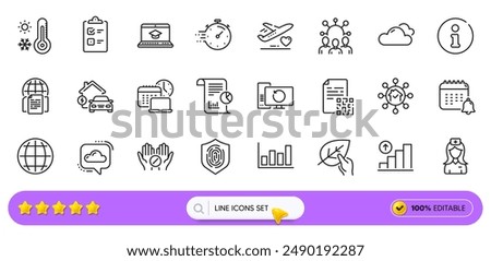 Medical tablet, Timer and Globe line icons for web app. Pack of Weather thermometer, Hospital nurse, Calendar pictogram icons. Home facility, Work time, Fingerprint signs. Checklist. Vector