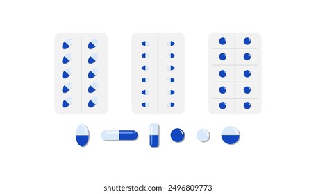 Medical tablet vector illustration on white isolated background. Medical pills. drugs, medicine capsules and vitamins, healthcare pharmacy tablets, prescribed by doctor. 