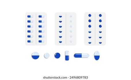 Ilustración vectorial de la tableta médica en el fondo aislado blanco. Píldoras médicas. medicamentos, cápsulas de medicamentos y vitaminas, tabletas de farmacia de atención médica, recetadas por el médico. 