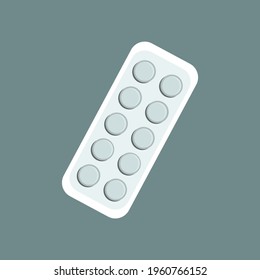 Medical Tablets in a Blister. The packaging is turned to one side on a gray-blue background. Flat illustration of treatment pills pack vector icon for web design