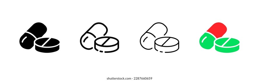Medical tablets. Different styles, colored, medicines in tablets. Vector icons