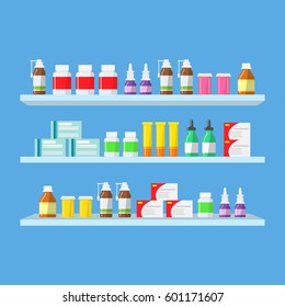 Medical tablets, pills, medical bottles on shelves. Shelves with medicines in a pharmacy in a flat style. Purchase and sale of medicines. 