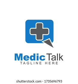 Medical talk pharmacy logo design template with cross plus sign shape and bubble chat illustration. Vector symbol of help center and discussion forum health care or group clinic medicine service