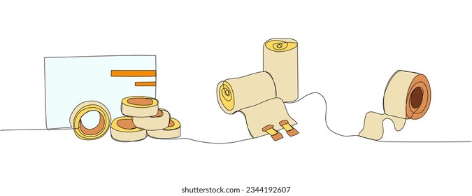 Medical Tape set. Paper Medical Tape, First Aid Medical, Surgical Tape, medical supplies, equipment one line color art. Continuous line drawing of medication, healthcare, clinical, disposable