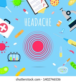 Medical target spot pain circles symbol, medical painkiller drug medicine icon sign isolated on white background flat style design vector illustration gradient version. Headache poster concept.