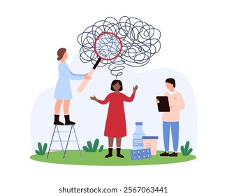 Medical team addresses mental health, using a magnifying glass to examine tangled thoughts above a patient s head. The scene features pills, bottles, and clipboard vector illustration