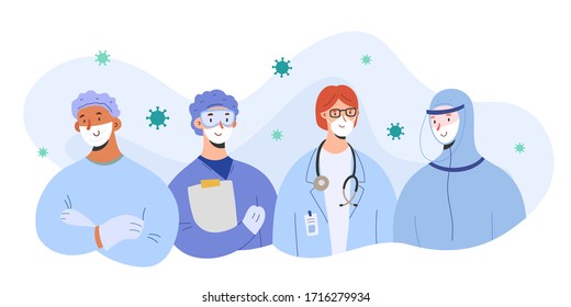 Medical Team Against Coronavirus, Doctors Wearing Masks And Protective Suits Stand Together, Team Work Concept, Vector Illustration, Group Of Characters, Hospital Staff, Covid-19 Med Aid