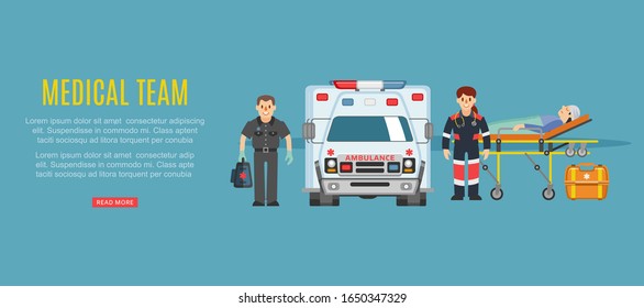 Medical team ambulance, doctors paramedics emergency service with patient disease vector illustration. Medics people doctors team and patient near ambulance car, healthcare emergence medicine.