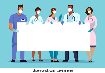 Medical team with a banner, place for text. Template for the design of the hospital, ambulance. Thanks to the doctors. Flat cartoon vector illustration