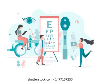Medical team checks vision. Ophthalmologic standing near eye test chart. The nurse carries eye drops. Ophthalmology concept. Flat vector illustration.
