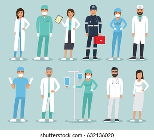 Medical team concept in flat design people character. Set of medical staff. Group of doctors and nurses and medical staff. 