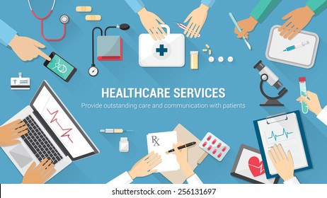 Medical team desktop with doctors and medical equipment