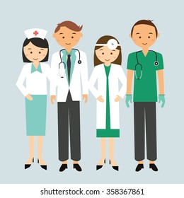 medical team doctor nurse group worker standing together man woman mae female cartoon character vector illustration