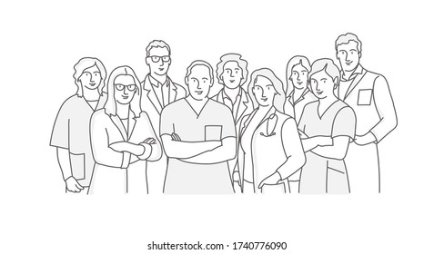 Medical team doctor nurse therapist surgeon professional hospital workers, group of medics. Line drawing vector illustration.