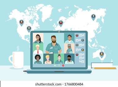 Medical team, doctors conference video call, studying online, telecommuting, remote work, professional communication. Diverse colleagues, students virtual meeting, consulting, world map. Vector banner