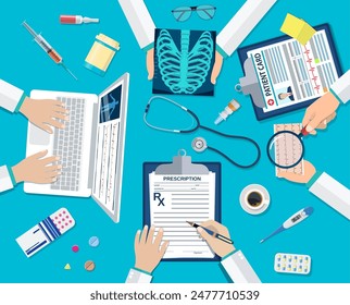 Medical team doctors at desktop. Diagnostic medical equipment. Medical healthcare concept. Teamwork of doctors. vector illustration in flat style