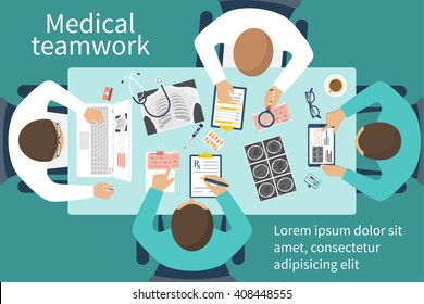 Medical team doctors at desktop. Diagnostic medical equipment. Research documents. Medical healthcare concept. Teamwork of doctors. Group of doctors, surgeons. Flat design, vector. Banner web, print