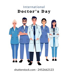 Medical team of doctors and nurses of different nationalities. International Doctor's Day. Treatment. Medical staff. Characters in flat style on a white background. Isolated. Care and treatment. 