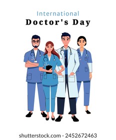 Equipo médico de médicos y enfermeras de diferentes nacionalidades y especialidades. Trabajadores de hospitales y clínicas. Tratamiento. Personal. Día Internacional del Médico. Personajes en estilo plano. Cuidado