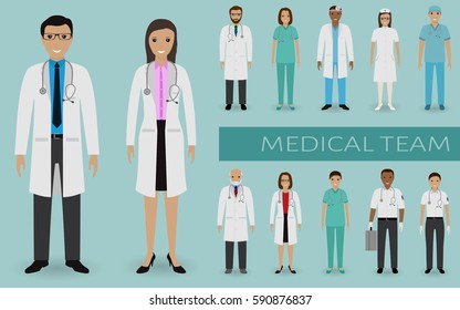 Medical team. Doctors and nurses standing together. Medicine web banner. Hospital staff. Flat style vector illustration..