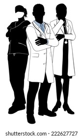 A medical team of doctors or surgeons with white coats and scrubs, surgical masks and stethoscopes in silhouette