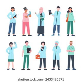 Medical team. Doctors working, nurses in uniform and administrative hospital characters. Healthcare workers, clinic and ambulance, splendid vector set