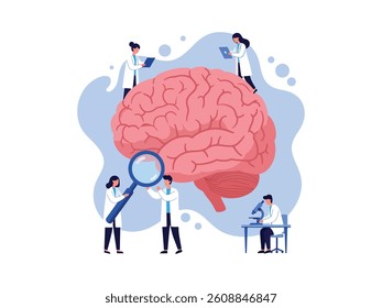 Medical team examining a stylized human brain using a magnifying glass and microscope, representing neurology research, brain health, and neurological studies in a clean, modern vector illustration
