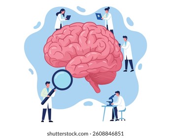 Medical team examining a stylized human brain using a magnifying glass and microscope, representing neurology research, brain health, and neurological studies in a clean, modern vector illustration
