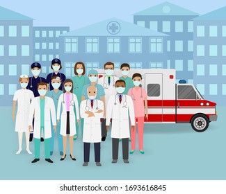  Equipo médico. Grupo de doctores y enfermeras con máscaras y camión de ambulancia en el paisaje urbano. Empleado del servicio médico de emergencia. El concepto de personal hospitalario. Ilustración vectorial de estilo plano.
