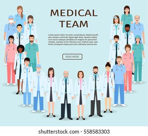 Medical Team. Group Doctors And Nurses Standing Together. Vector Medicine Web Site Banner. Flat Design Characters. Hospital Staff