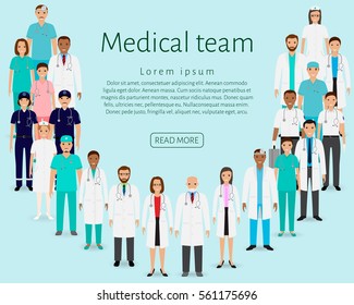 Medical team. Group doctors, nurses, paramedics standing together. Medicine web banner. Hospital staff. Flat style vector illustration