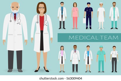 Medical team. Group of doctors, nurses and other hospital staff standing together. Medicine teamwork concept. Flat style vector illustration.