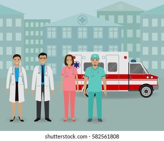 Medical team. Group of doctors and nurses standing together on a ambulance car and clinic background. Medicine web banner. Hospital staff. Flat style vector illustration.
