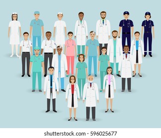 Medical team. Group doctors, nurses and paramedics. Medicine banner. Hospital staff. Flat style vector illustration..