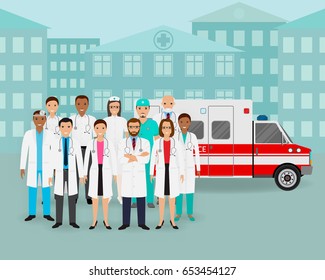 Medical team.. Group of doctors and nurses and ambulance car on cityscape background. Male and female emergency medical service employee. Hospital staff concept. Flat style vector illustration.