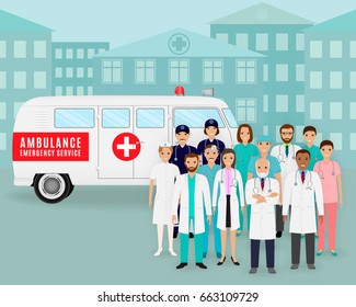 Medical team.. Group of doctors and nurses on retro ambulance background. Male and female emergency medical service employee. Hospital staff concept. Flat style vector illustration.