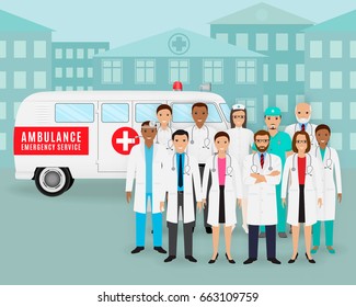 Medical team. Group of doctors and nurses and retro ambulance car on cityscape background. Male and female emergency medical service employee. Hospital staff concept. Flat style vector illustration.