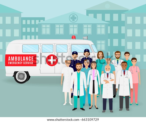 Medical team..\
Group of doctors and nurses on retro ambulance background. Male and\
female emergency medical service employee. Hospital staff concept.\
Flat style vector\
illustration.