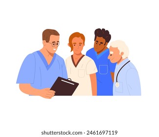 Equipo médico discutiendo en el hospital. Grupo de médicos y enfermeras planificando la investigación en clínica. Trabajo en equipo. Ilustración vectorial plana aislada sobre fondo blanco