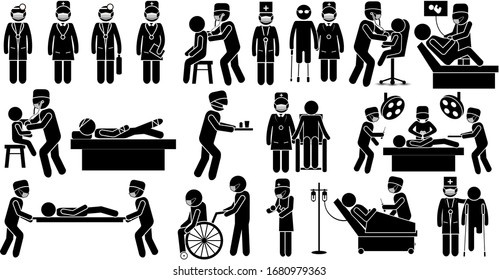 Medical Team Helping Save Lives. Stop Corona Virus Pandemic Concept. Stick Figure Pictogram Icon. Vector Illustration