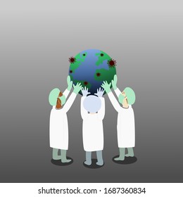 The medical team is holding the globe.the globe has corona virus and gray background,covid-19,vector,illustration.