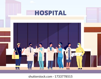 Medical team. Hospital building, professional nurse and doctors. Health specialist staff in uniform. Cartoon physicians vector illustration