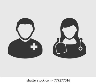 Medical Team Icon. Male and female doctor symbols on gray background. 