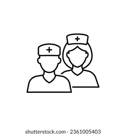 Medical team icon. Simple outline style. Nurse, male, female, man, woman, medic, doctor, health, medicine, hospital concept. Thin line symbol. Vector isolated on white background. EPS.