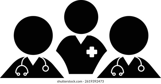 Medical Team Icon. three people in black and white with stethoscope, group of medical professionals, Simple linear icon for a group of doctors. Vector illustration. 
