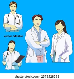 
Medical Team Illustration Featuring Diverse Healthcare Professionals in Editable Vector Format