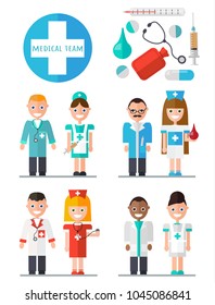 Medical team. Medical instruments set. Flat Vector Illustration