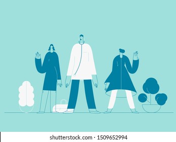 Medical team, medical insurance, specialists visit. Vector illustration flat design. Use in Web Project and Applications.