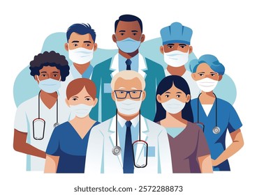 Medical team isolated on white background.Set of hospital medical staff, Doctors, nurses and surgeon, Healthcare and medical concept cartoon character, Vector Illustration.